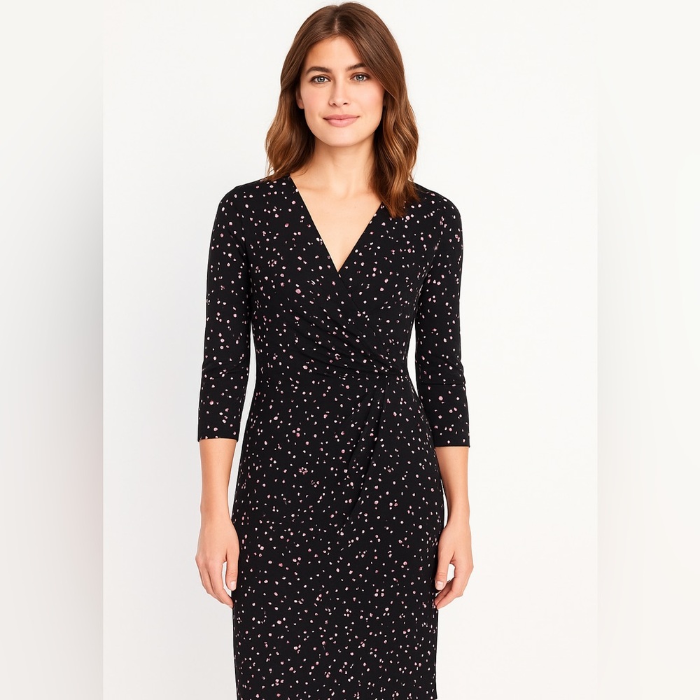Ann Taylor Black Faux Wrap Multi-colored Confetti Design 3/4 Sleeve Dress